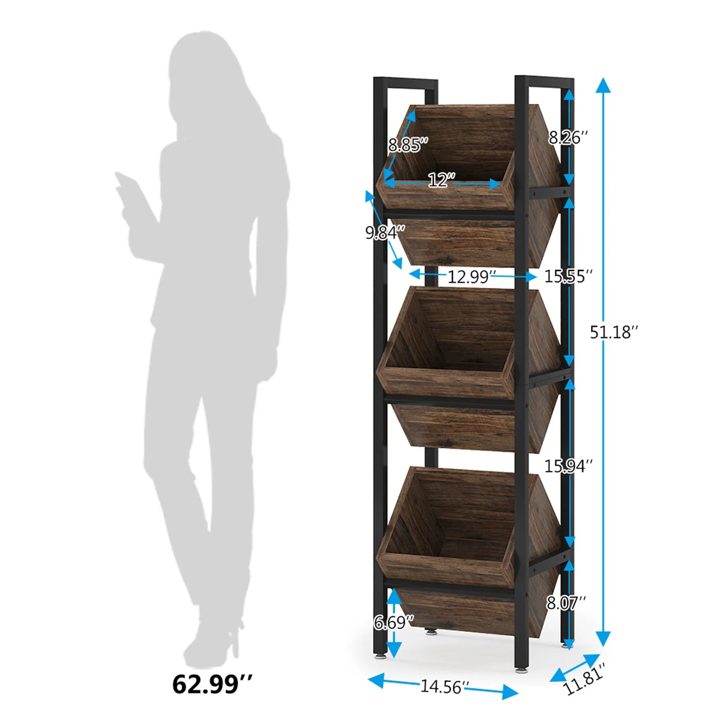 Tribesigns Basket Stand – 3-Tier Wood Shelving Unit with Baskets, Rustic Vertical Storage Tower for Living Room