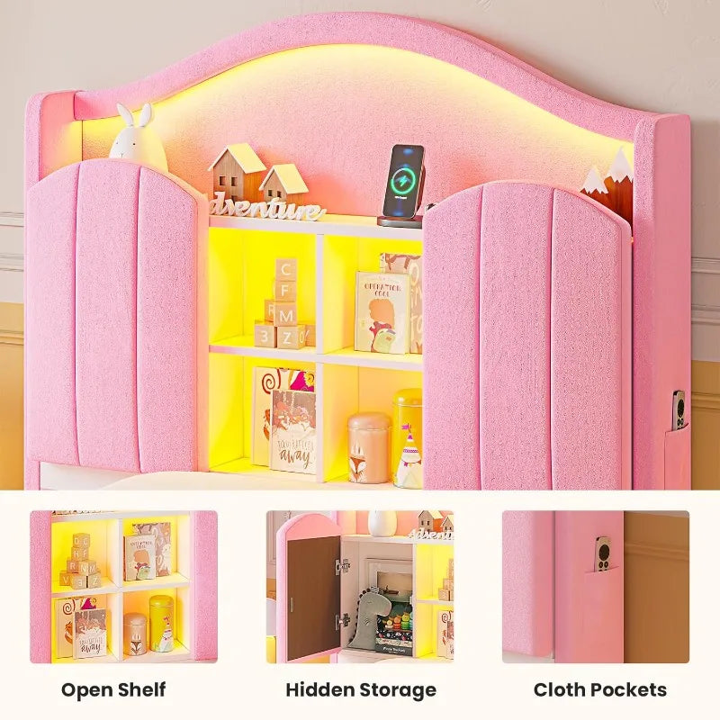 Twin Princess Bed Frame with LED Lights – Pink Velvet Upholstered Platform with Storage & Charging Headboard