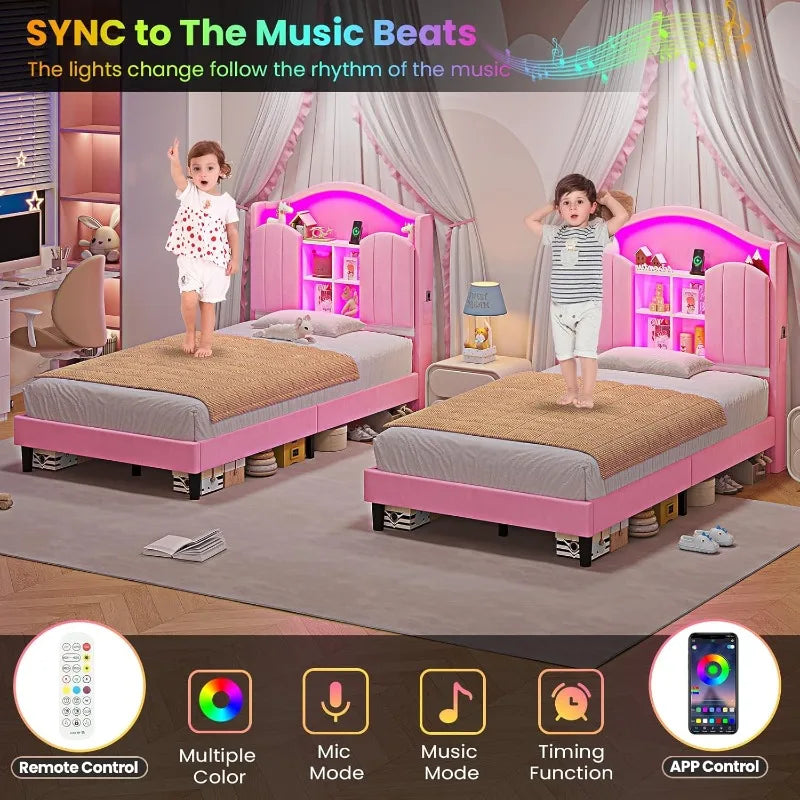 Twin Princess Bed Frame with LED Lights – Pink Velvet Upholstered Platform with Storage & Charging Headboard