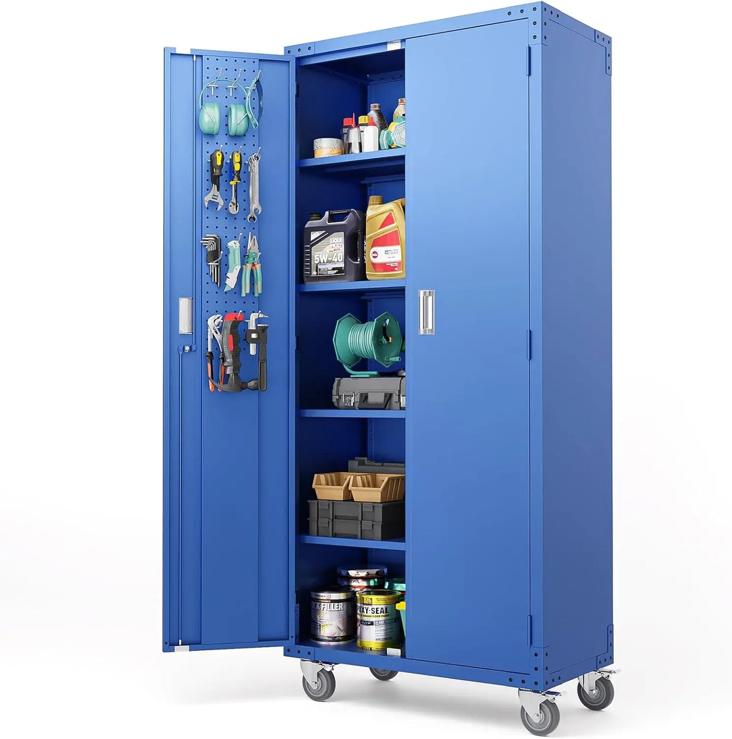 72" Tall Metal Garage Storage Cabinet – Locking Doors, Pegboards, Wheels & Adjustable Shelves