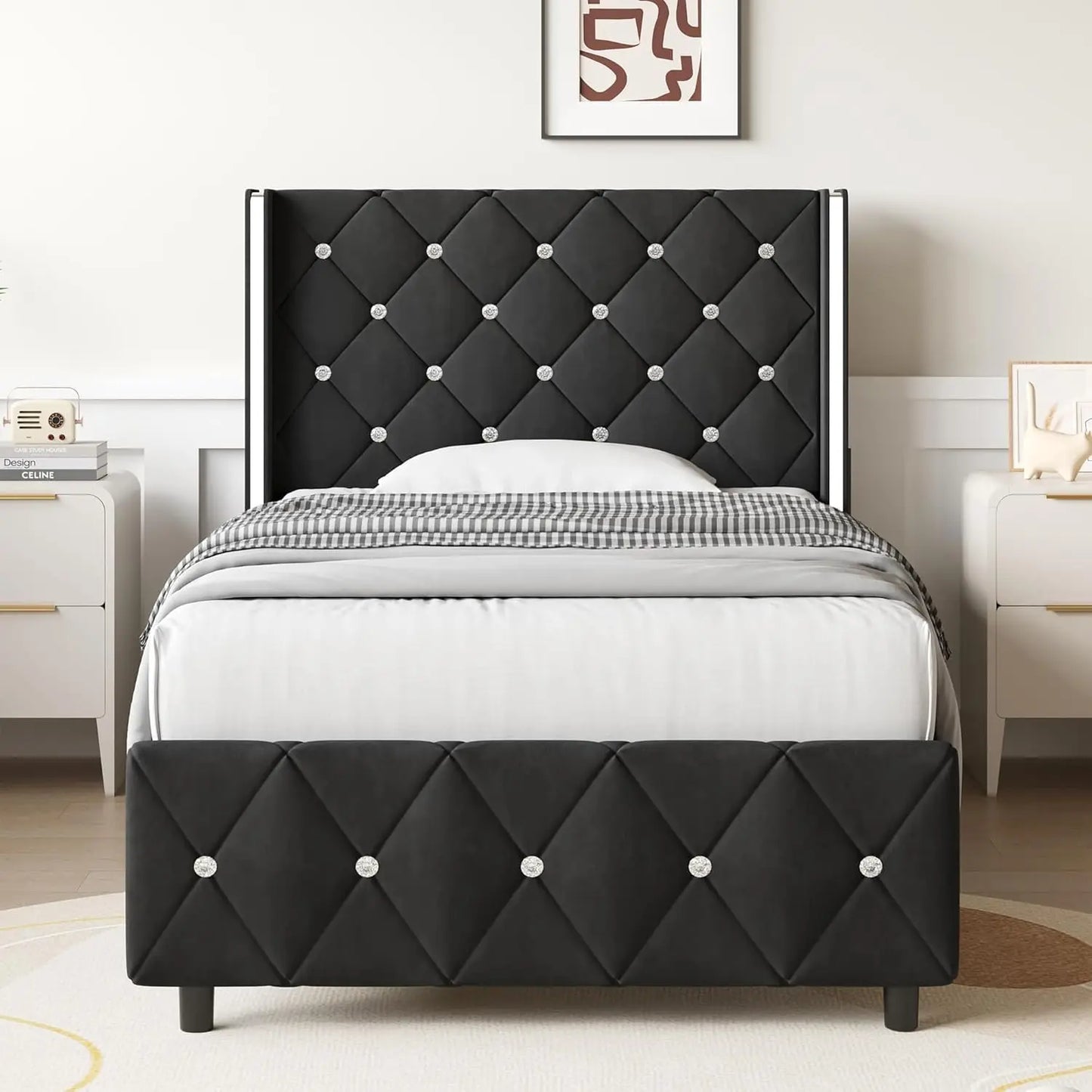 Hlivelood Queen LED Upholstered Bed Frame – Modern Platform with Light & Padded HeadboardHlivelood bed frame, queen LED bed, upholstered platform bed, modern queen bed frame, LED light bed, padded headboard bed, queen bedro