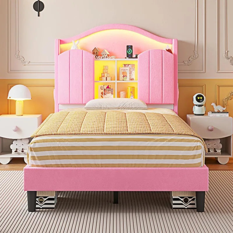 Twin Princess Bed Frame with LED Lights – Pink Velvet Upholstered Platform with Storage & Charging Headboard