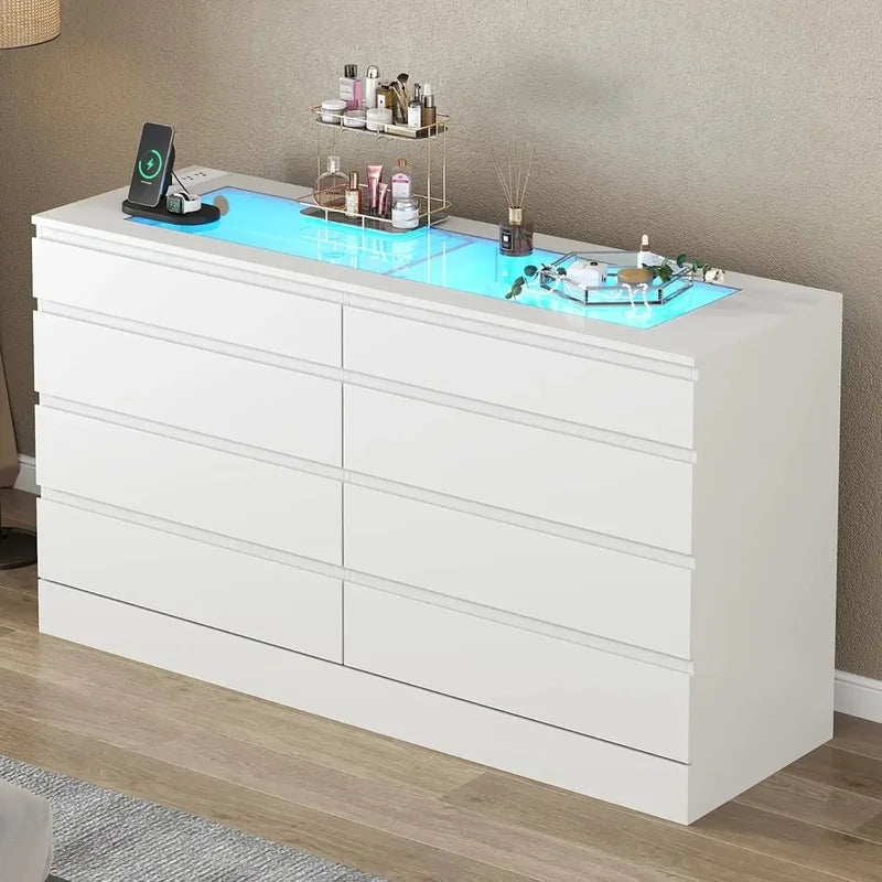 8-Drawer Dresser with Power Outlet, White Bedroom Chest with Glass Top & LED Light