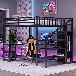 Queen Size Metal Loft Bed with Stairs & Storage, Bedside Shelf, Heavy-Duty Frame
