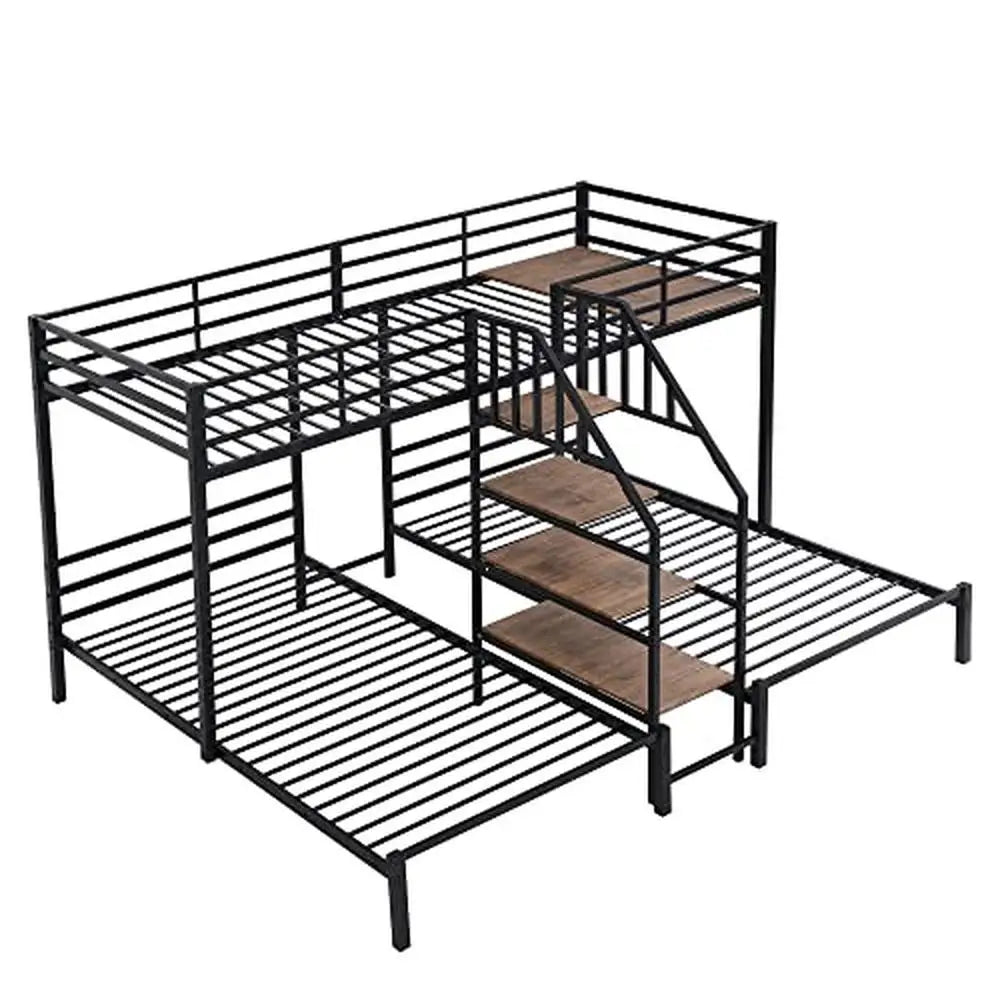 Twin Over Twin Metal Bunk Bed with Staircase & Storage Shelves – Modern Black, No Box Spring Needed