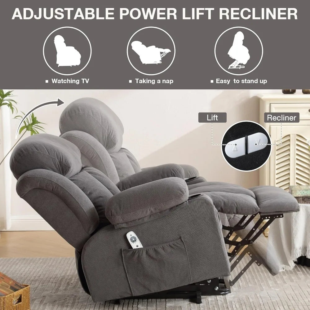 Power Lift Recliner Chair with Heat & Massage – Electric Fabric Recliner for Elderly with USB Port & Side Pocket
