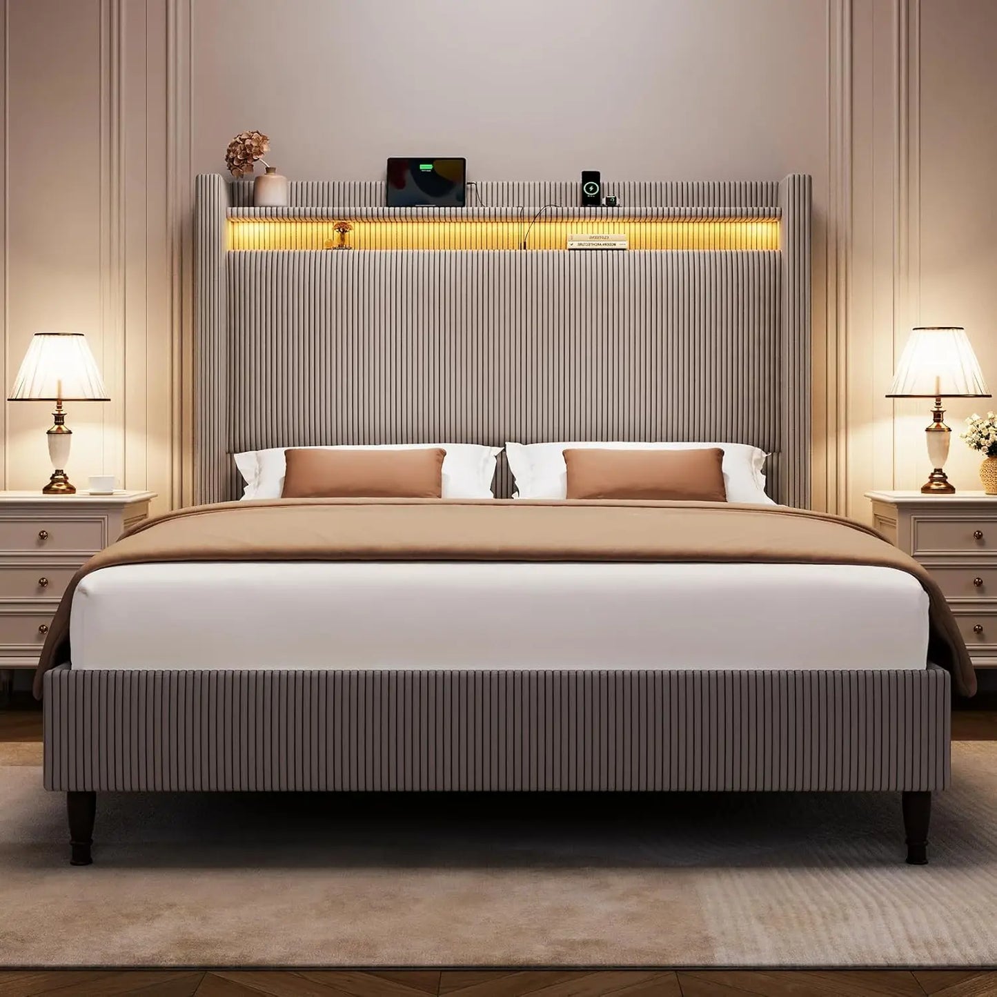 55.3" Corduroy Upholstered Platform Bed – Tall Headboard with LED Lights & USB Charging