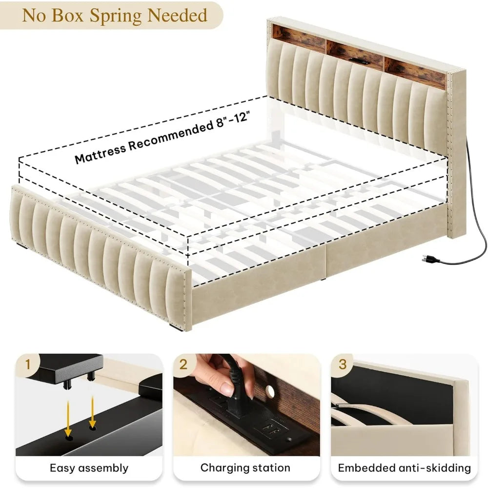 Queen Bed Frame with Storage Drawers & RGB LED Lights – Velvet Upholstered Platform with Charging Station