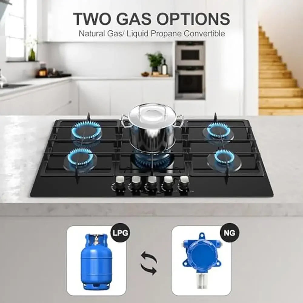 36" 5-Burner Gas Cooktop – Built-in Tempered Glass Stove, NG/LPG Dual Fuel, Auto Ignition, Stainless Steel