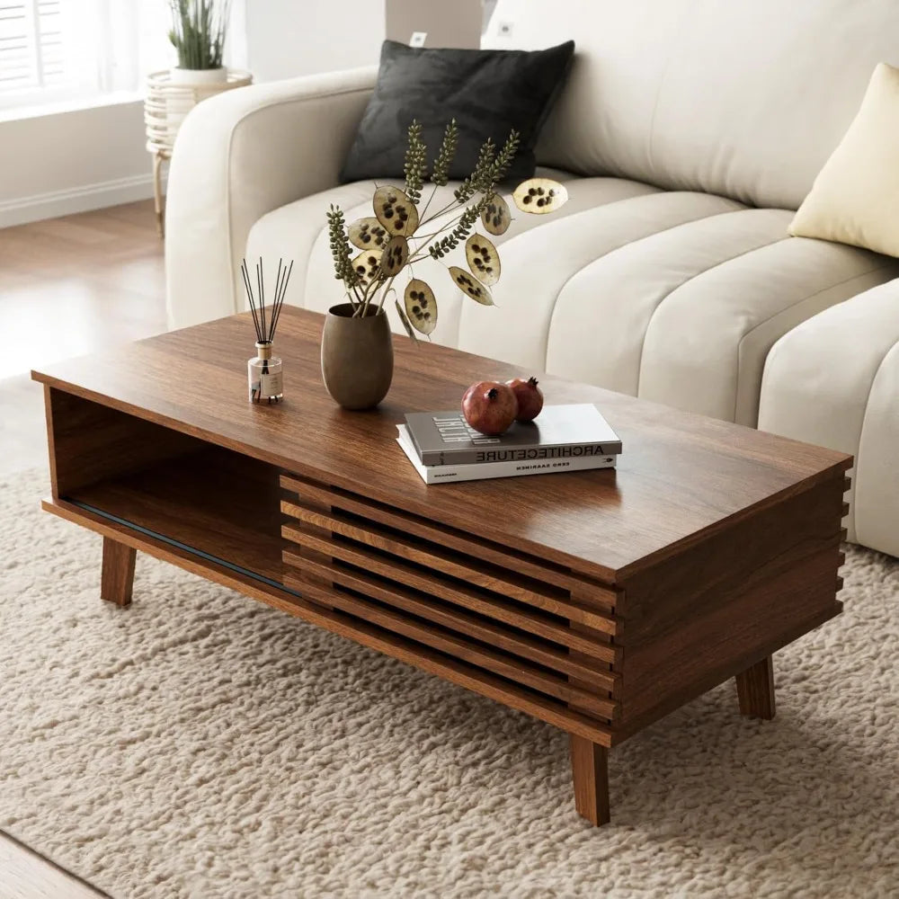 Mid-Century Modern Coffee Table – Walnut Finish with Storage & Sliding Fence Door