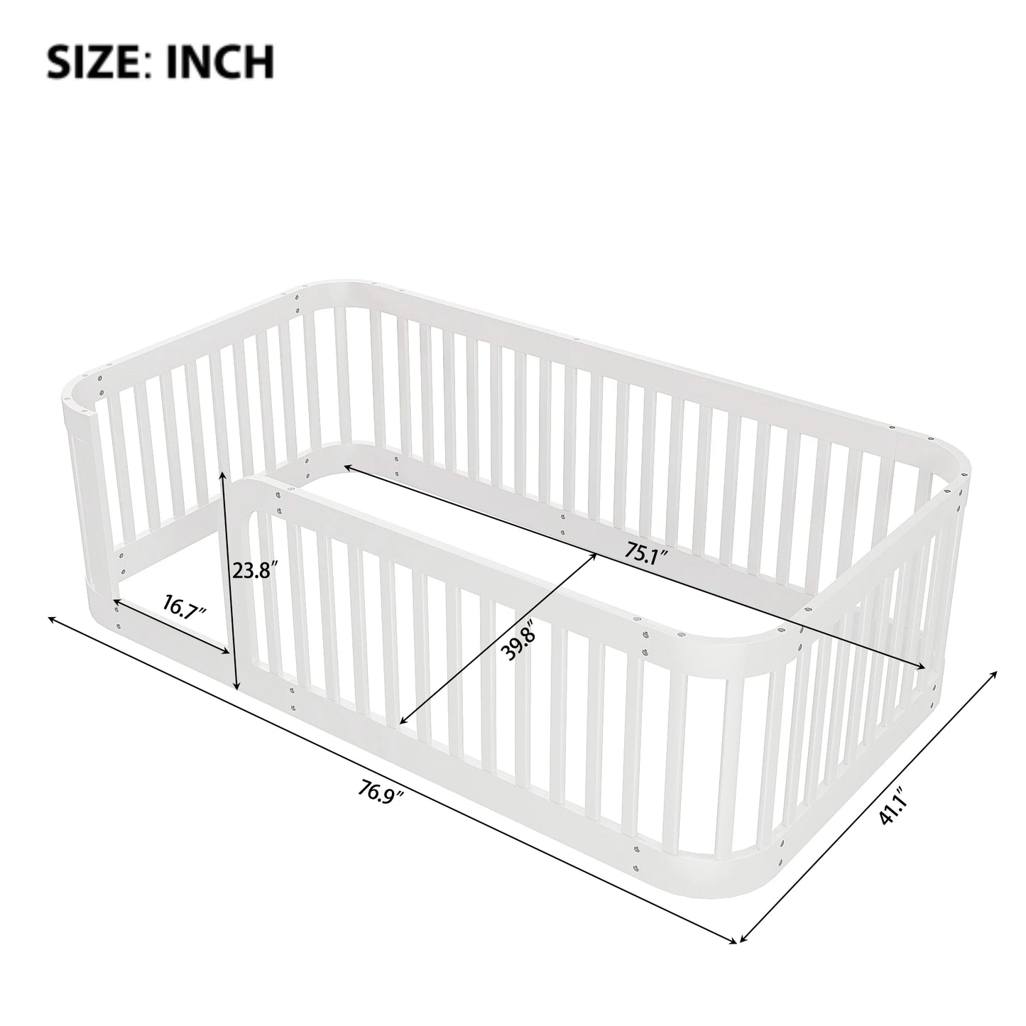 Wood Twin Bed Frame for Toddlers – Low Floor Bed with Fence, 76.9"L x 41.1"W x 23.8"H