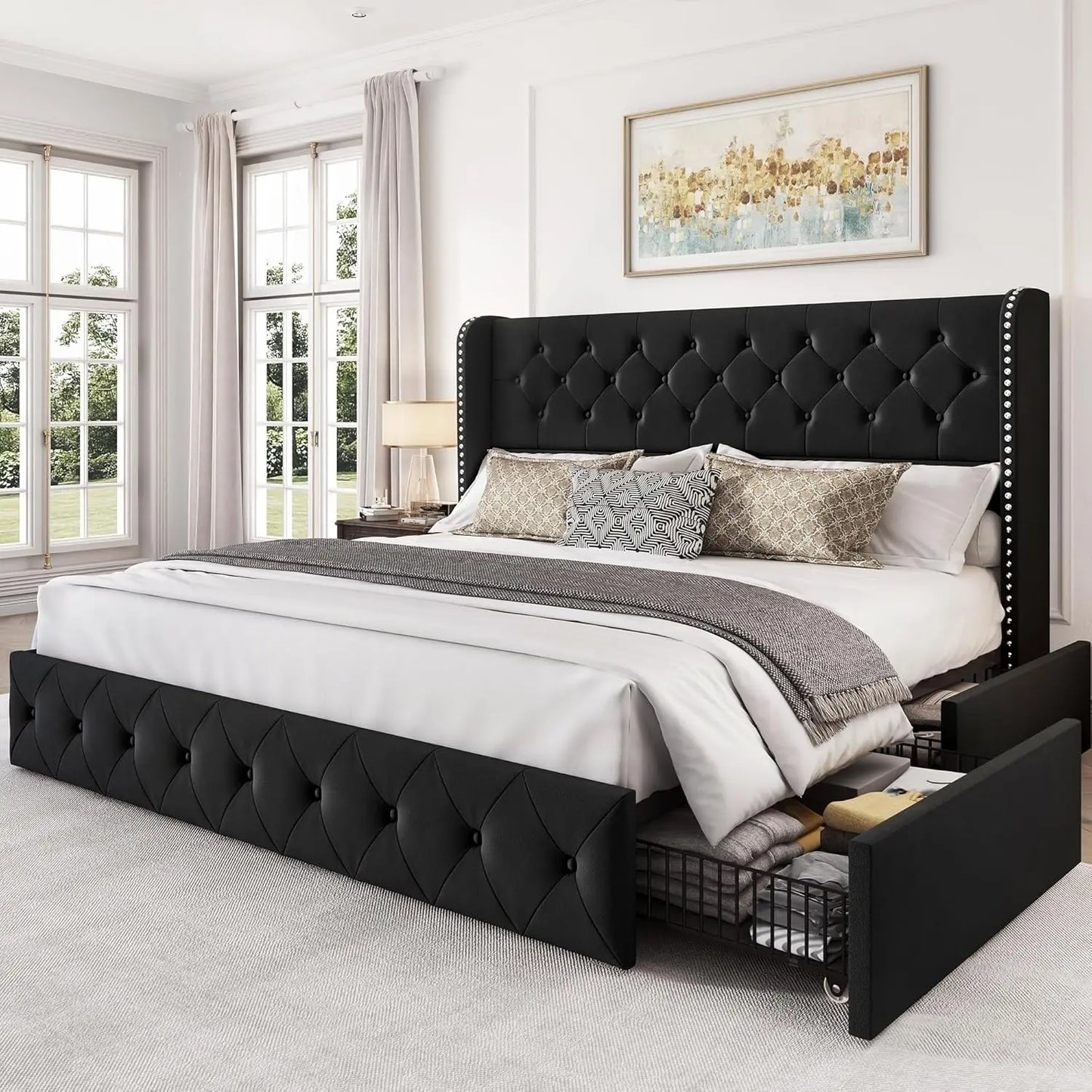 LARMACE King Size Velvet Upholstered Platform Bed – Modern Bed Frame with Headboard