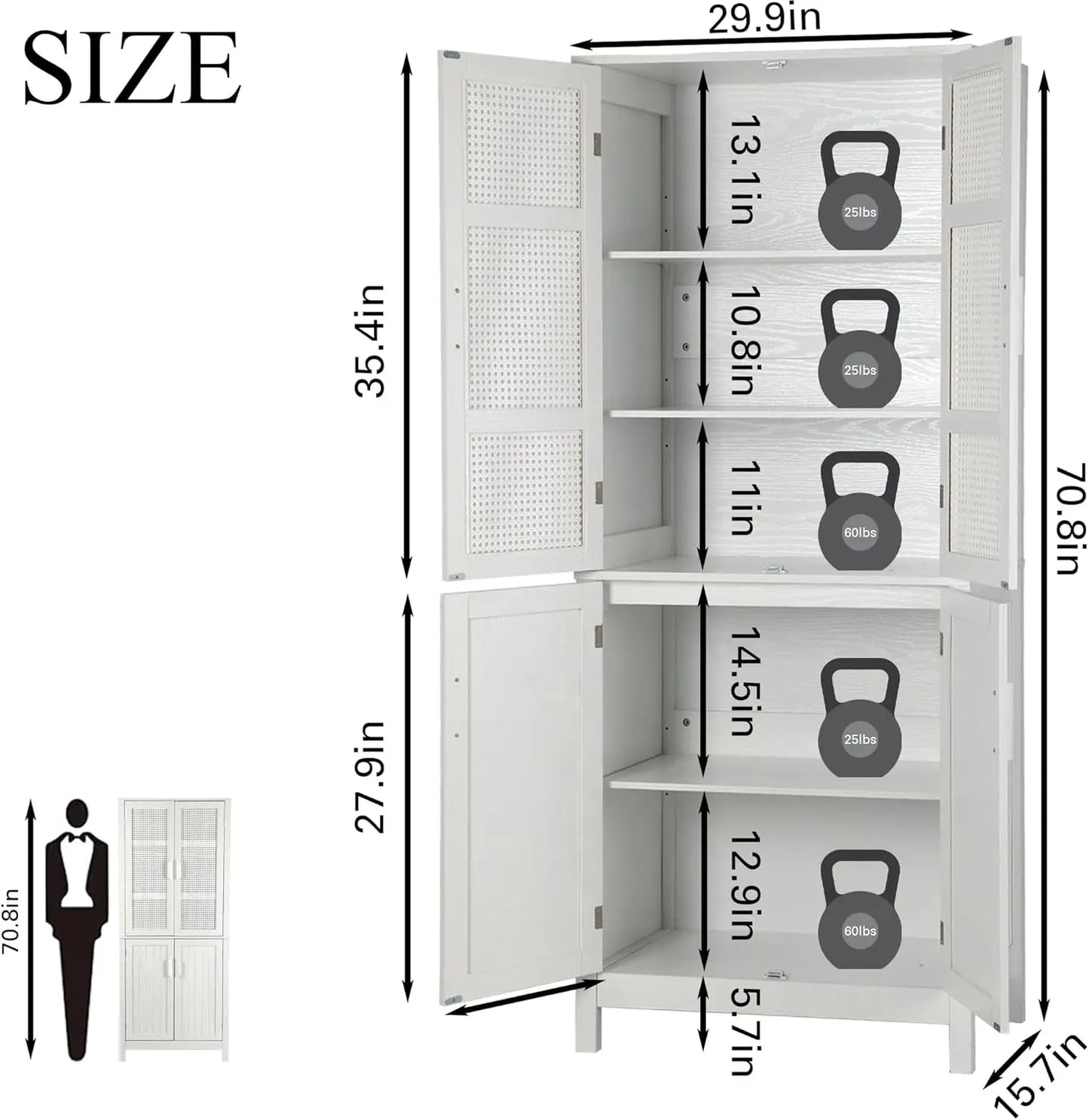 71" Kitchen Pantry Storage Cabinet – Tall Freestanding Wood Cupboard with Rattan Doors & Adjustable Shelves