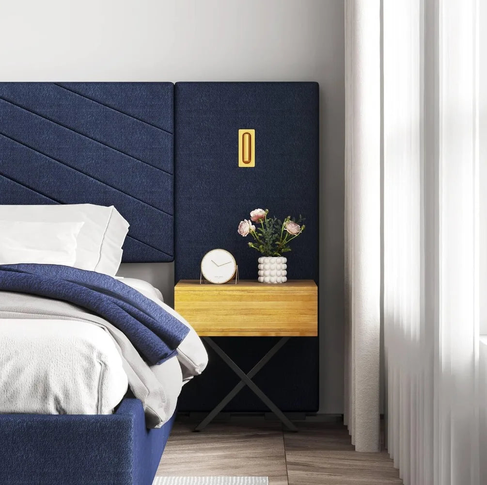 King Size Luxury Platform Bed – Oversized Upholstered Headboard with Built-in Gold LED & Nightstands
