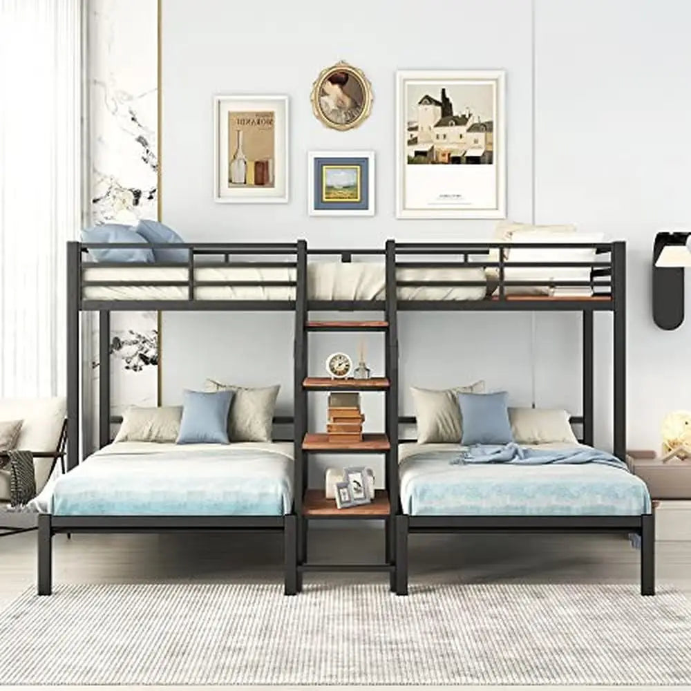 Twin Over Twin Metal Bunk Bed with Staircase & Storage Shelves – Modern Black, No Box Spring Needed