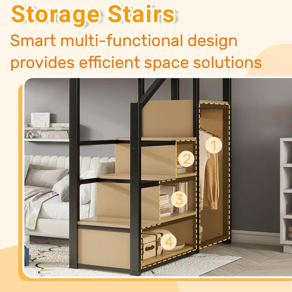 Full Size Metal Loft Bed with Stairs & Storage – Heavy-Duty Frame with Shelf & Large Under-Bed Space