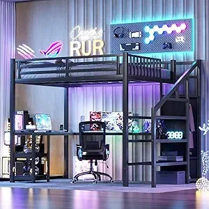Full Size Metal Loft Bed with Stairs & Storage – Heavy-Duty Frame with Shelf & Large Under-Bed Space