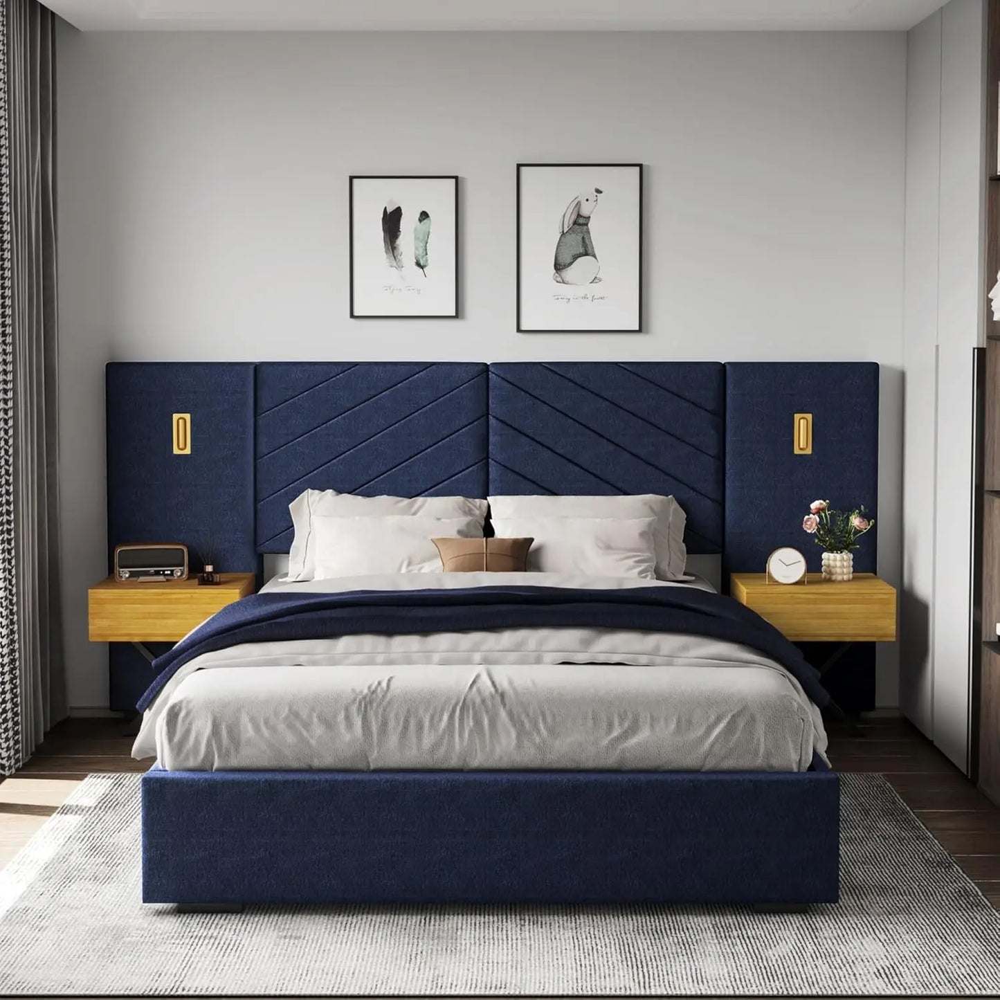 King Size Luxury Platform Bed – Oversized Upholstered Headboard with Built-in Gold LED & Nightstands