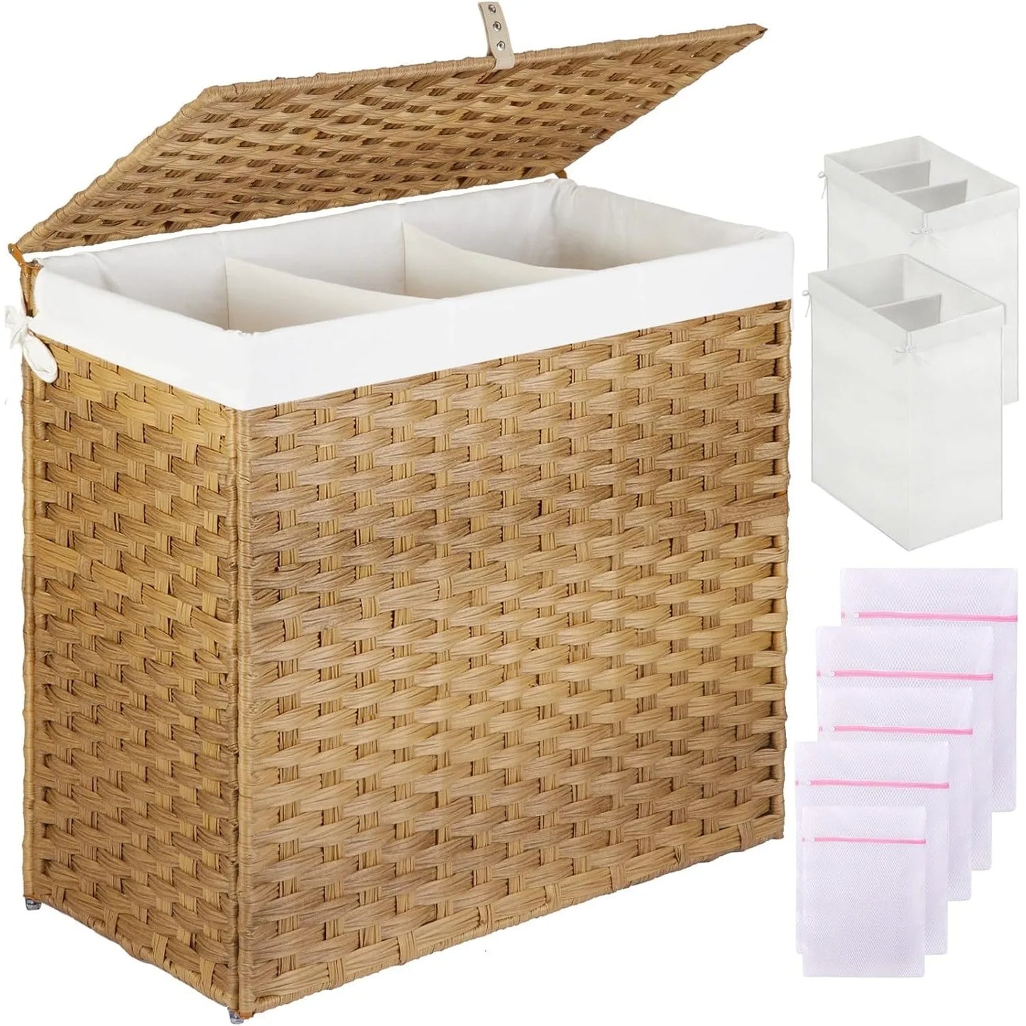 125L Laundry Hamper with Lid – 3-Section & 2-Section Removable Bags + 5 Mesh Bags, Handwoven