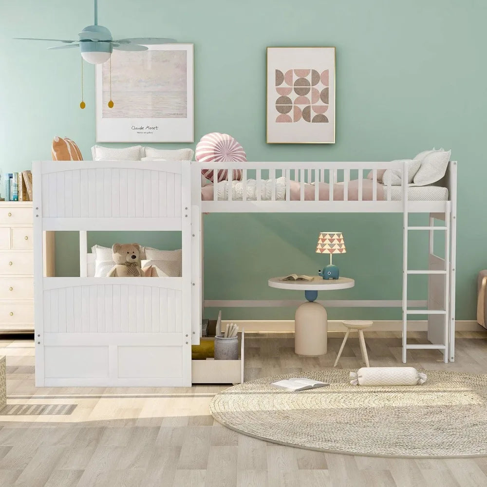 Triple Twin L-Shaped Bunk Bed with Drawers & Ladders – Space-Saving Design, No Box Spring Needed