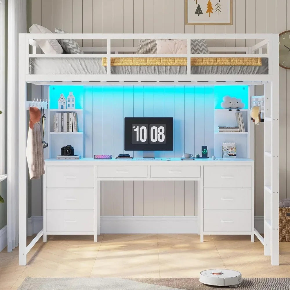 Full Size Loft Bed with Desk, 8 Drawers, Shelves, LED Lights & Charging Station