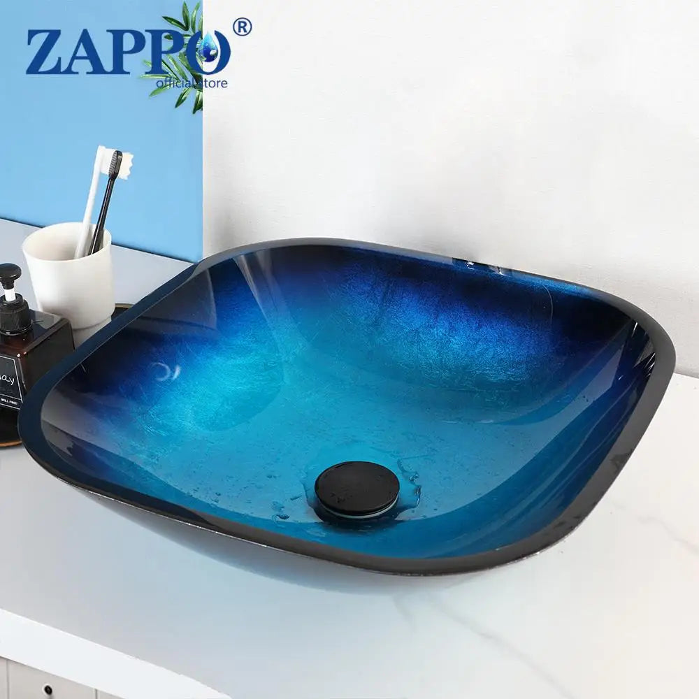 ZAPPO Blue Tempered Glass Vessel Sink – Oval Above-Counter Basin with Black Waterfall Faucet