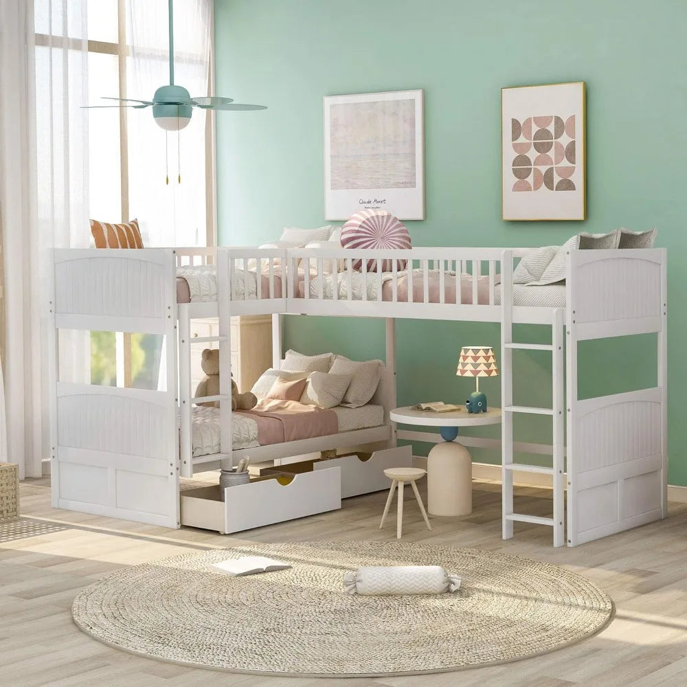 Triple Twin L-Shaped Bunk Bed with Drawers & Ladders – Space-Saving Design, No Box Spring Needed