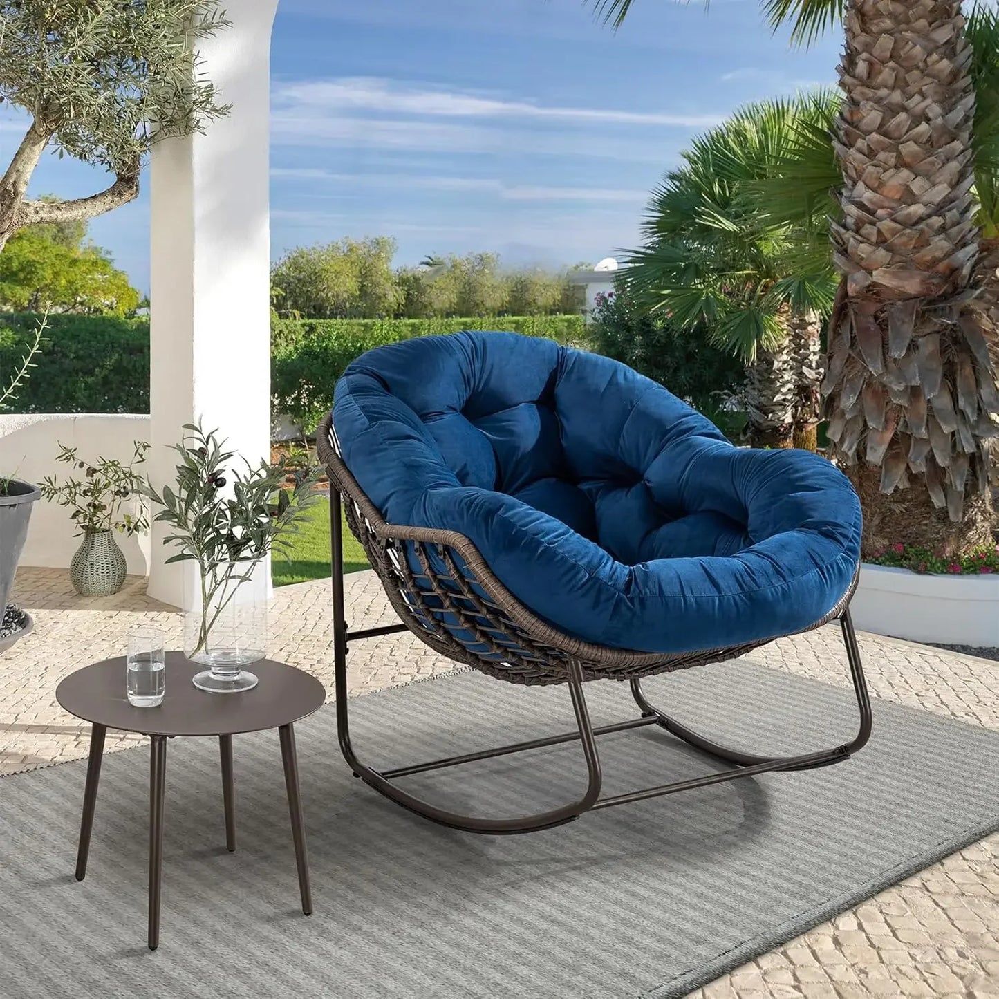 Oversized Wicker Egg Rocking Chair – Indoor/Outdoor Lounge Chair with Plush Cushion