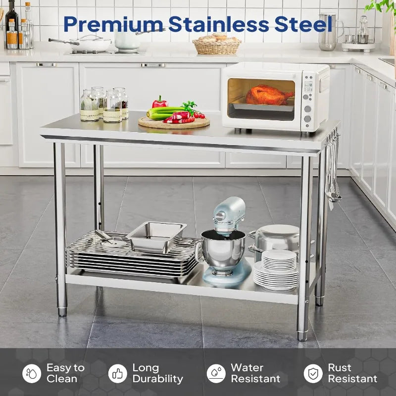 ROVSUN 48"×24" Stainless Steel Prep Table – Heavy Duty Workstation with Adjustable Shelf & Hooks