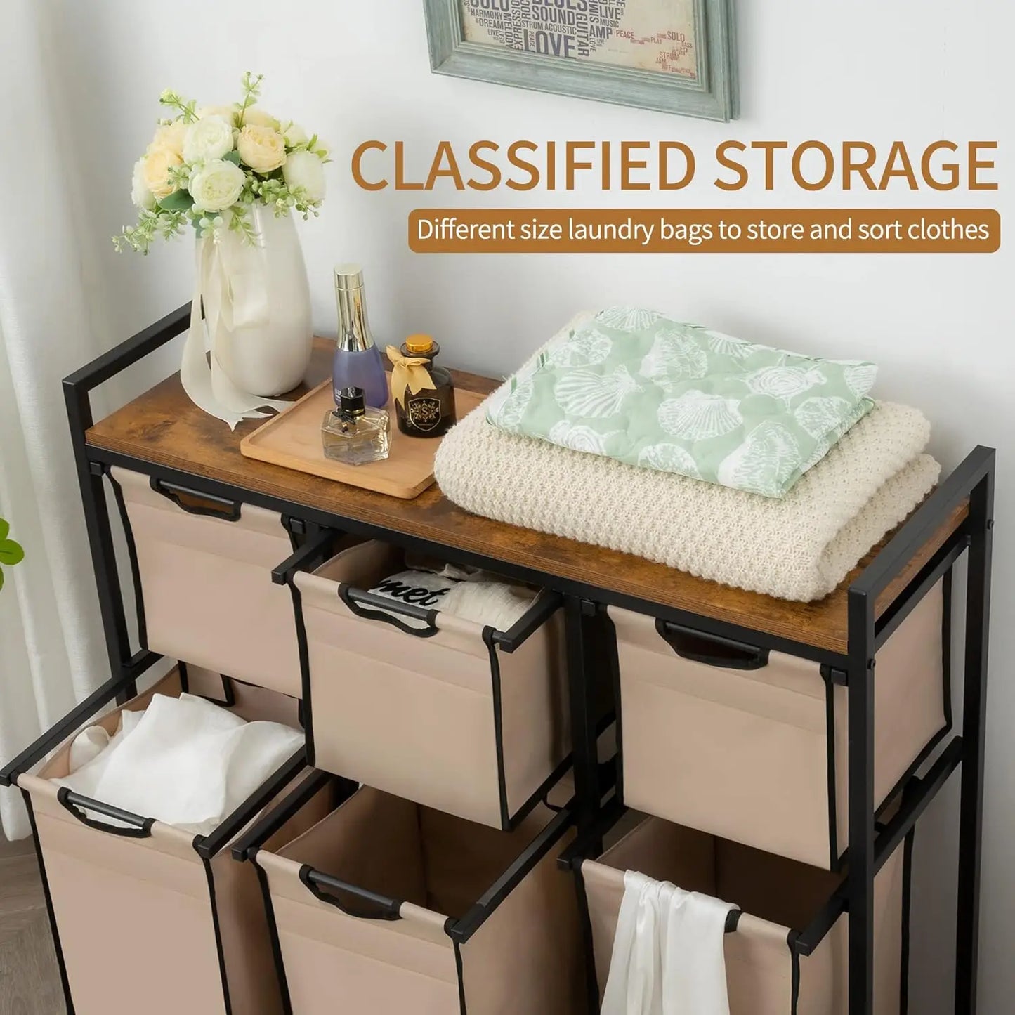 Laundry Hamper with 6 Compartments – Metal Frame & Sliding Sorter Bags