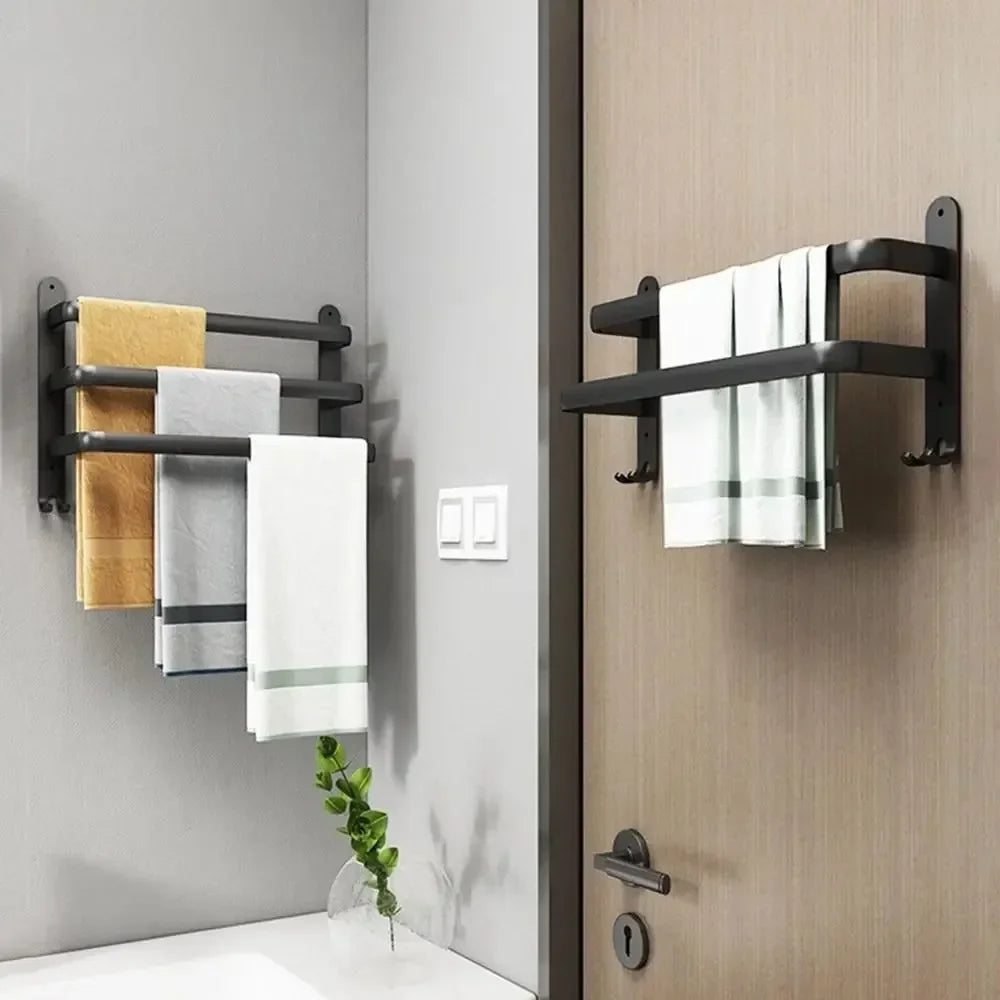 Aluminum Alloy Wall-Mount Bathroom Shelf with Hooks – Space-Saving Storage