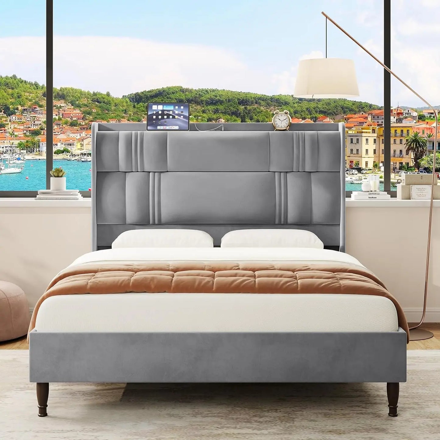55.3" Corduroy Upholstered Platform Bed – Tall Headboard with LED Lights & USB Charging