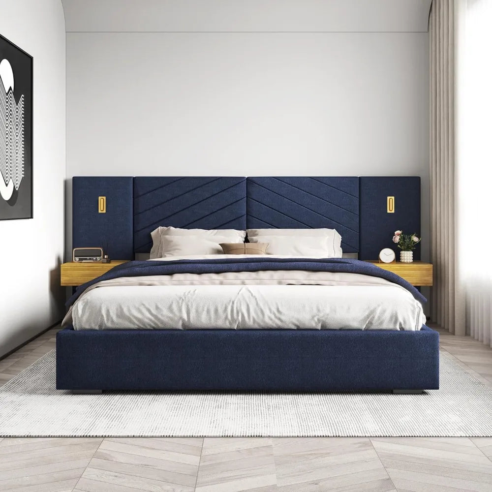King Size Luxury Platform Bed – Oversized Upholstered Headboard with Built-in Gold LED & Nightstands
