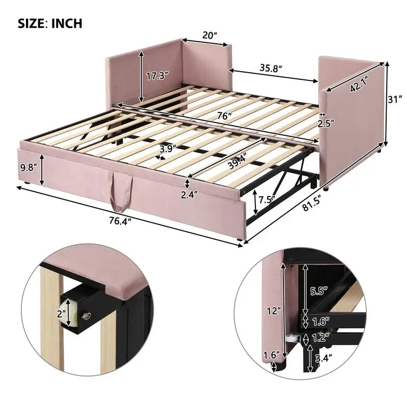 Pink Twin Upholstered Daybed with Pop-Up Trundle – Stylish & Versatile Sleeping Solution
