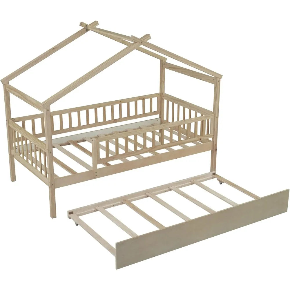Twin Wooden House Bed with Trundle – Kids Platform Bed with Roof, Fence & Guardrail