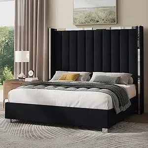 Velvet Upholstered Platform Bed – 58" Tall Wingback Headboard with Channel Tufted Design