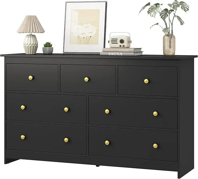 55" White 7-Drawer Dresser – Wooden Storage Chest with Gold Handles