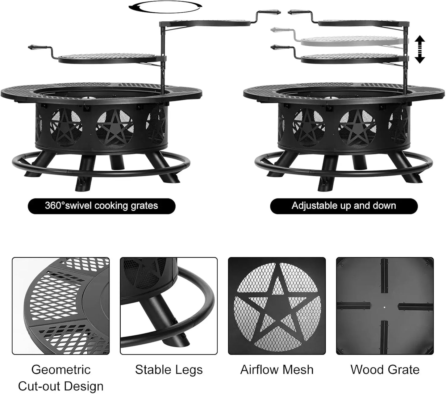 36" Wood Burning Fire Pit – Outdoor Firepit with 2 Grills, Lid & Poker for BBQ and Backyard