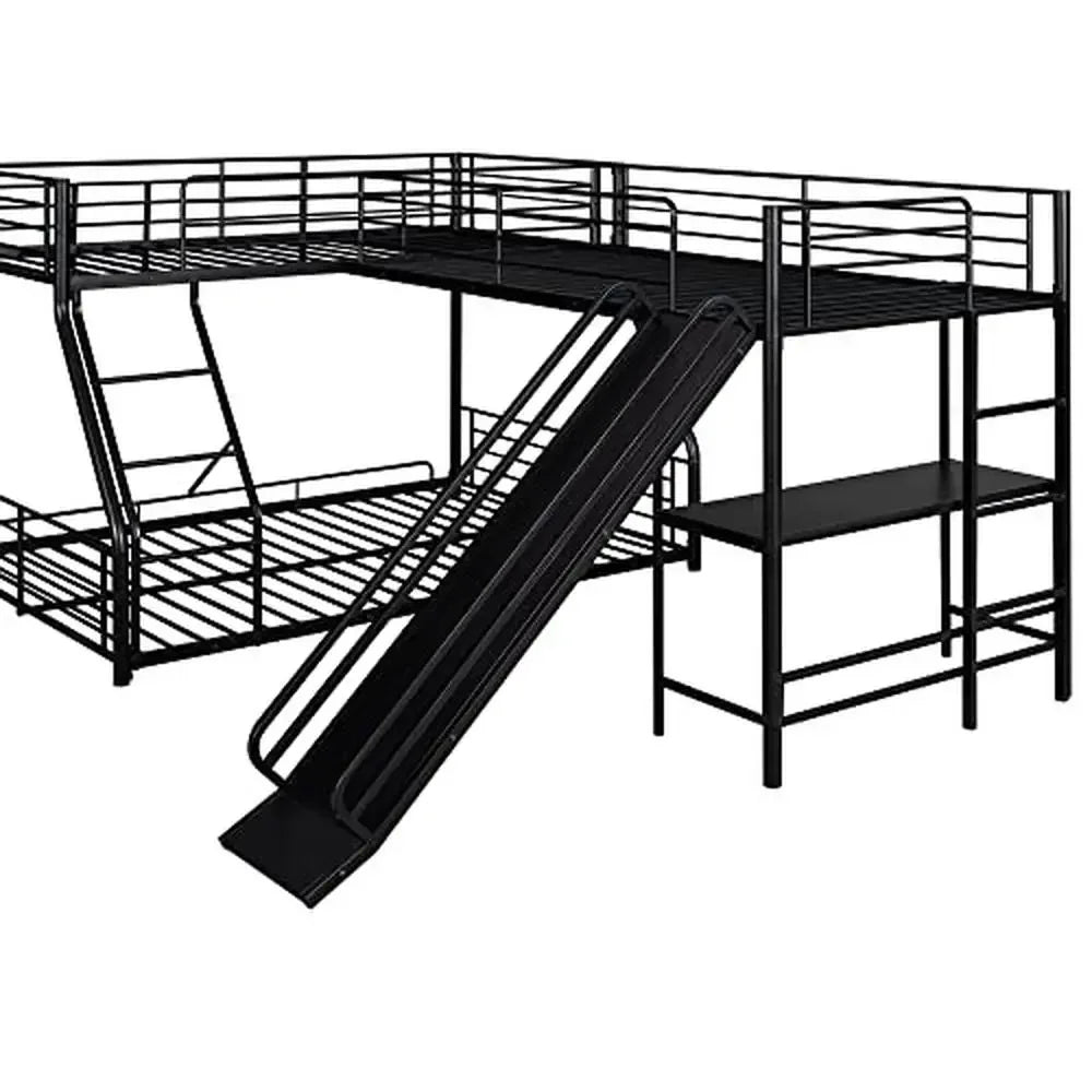 Metal L-Shaped Triple Bunk Bed with Desk, Slide & Shelf – Twin Over Full with Twin Loft