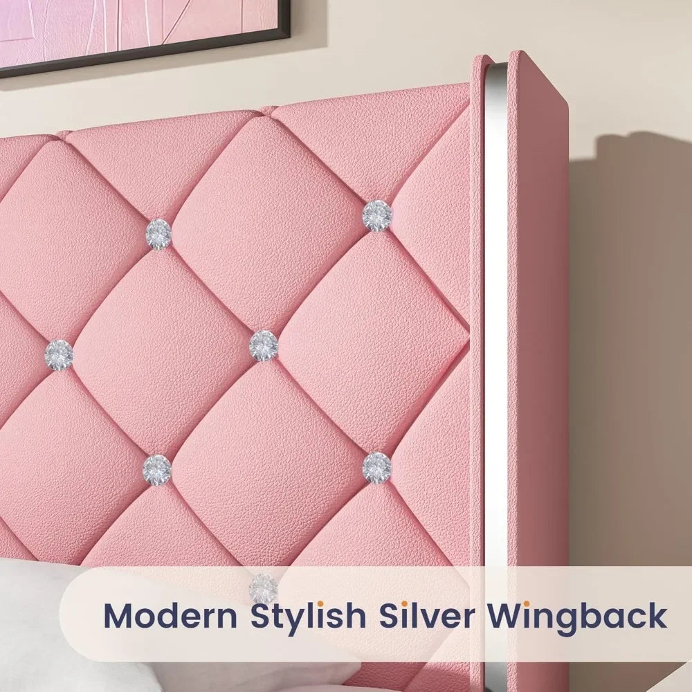 Queen Bed Frame with Diamond Headboard – Pink Faux Leather, Upholstered Platform, Easy Assembly