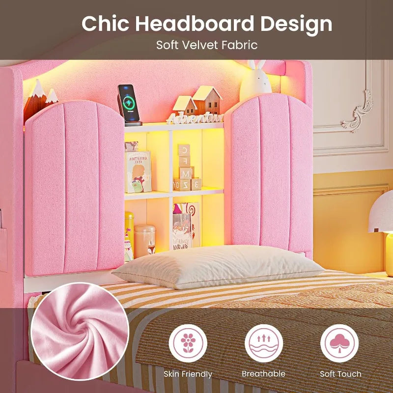 Twin Princess Bed Frame with LED Lights – Pink Velvet Upholstered Platform with Storage & Charging Headboard