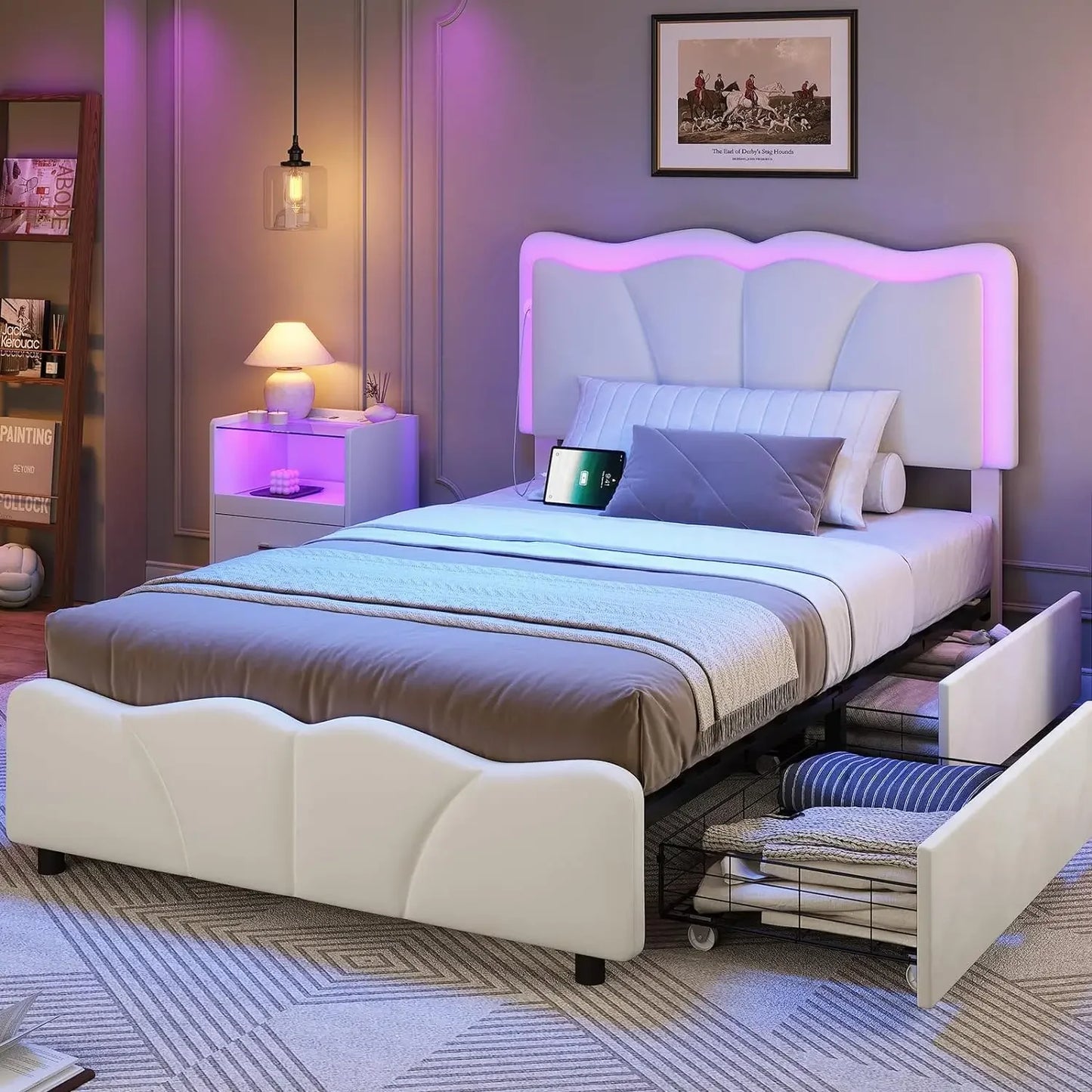 Twin Velvet Upholstered Platform Bed Frame with LED Headboard, 4 Storage Drawers & Adjustable Height