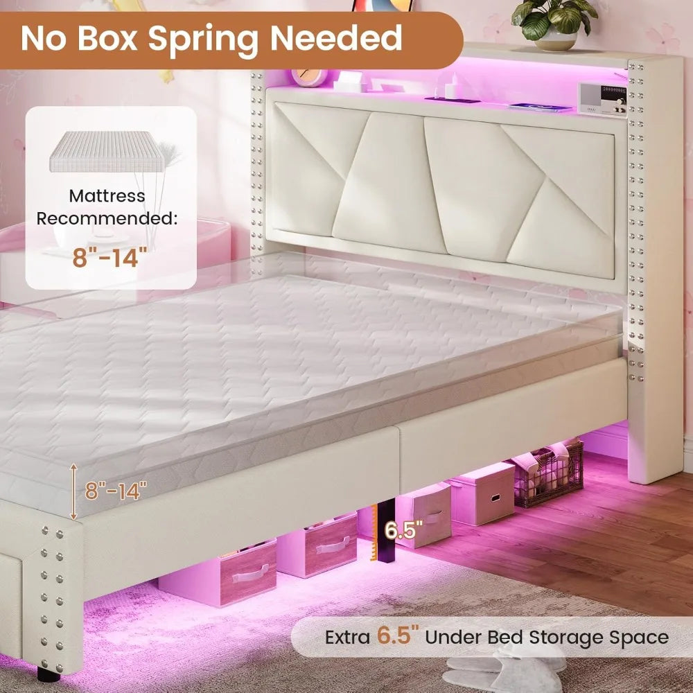 White Twin Upholstered Platform Bed Frame with LED Storage Headboard