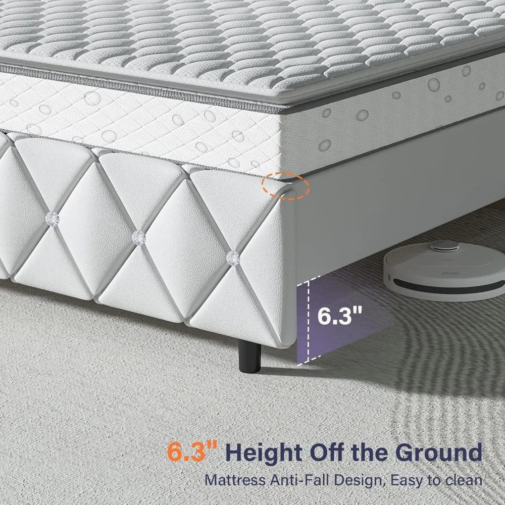 Platform Bed Frame with Upholstered Diamond Headboard & Wooden Slat Support
