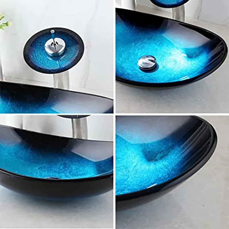ZAPPO Blue Tempered Glass Vessel Sink – Oval Above-Counter Basin with Black Waterfall Faucet