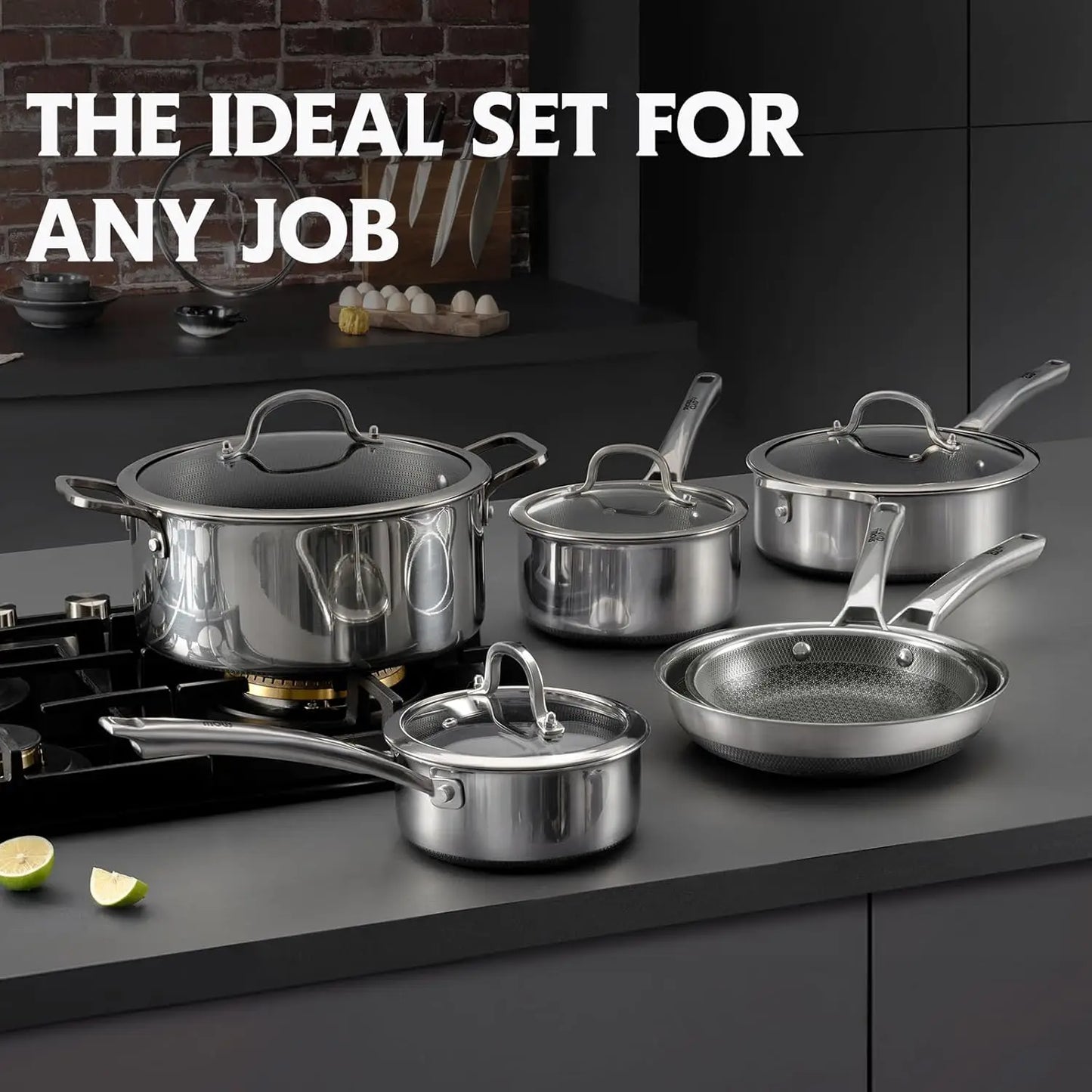 10-Piece Hybrid Stainless Steel Cookware Set – Nonstick Pots & Pans with Frying Pans, Saucepans, Saute Pan & Stock Pot