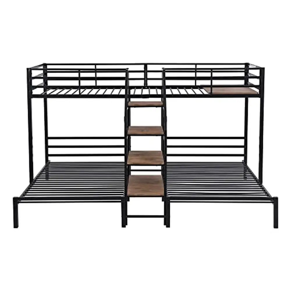 Twin Over Twin Metal Bunk Bed with Staircase & Storage Shelves – Modern Black, No Box Spring Needed