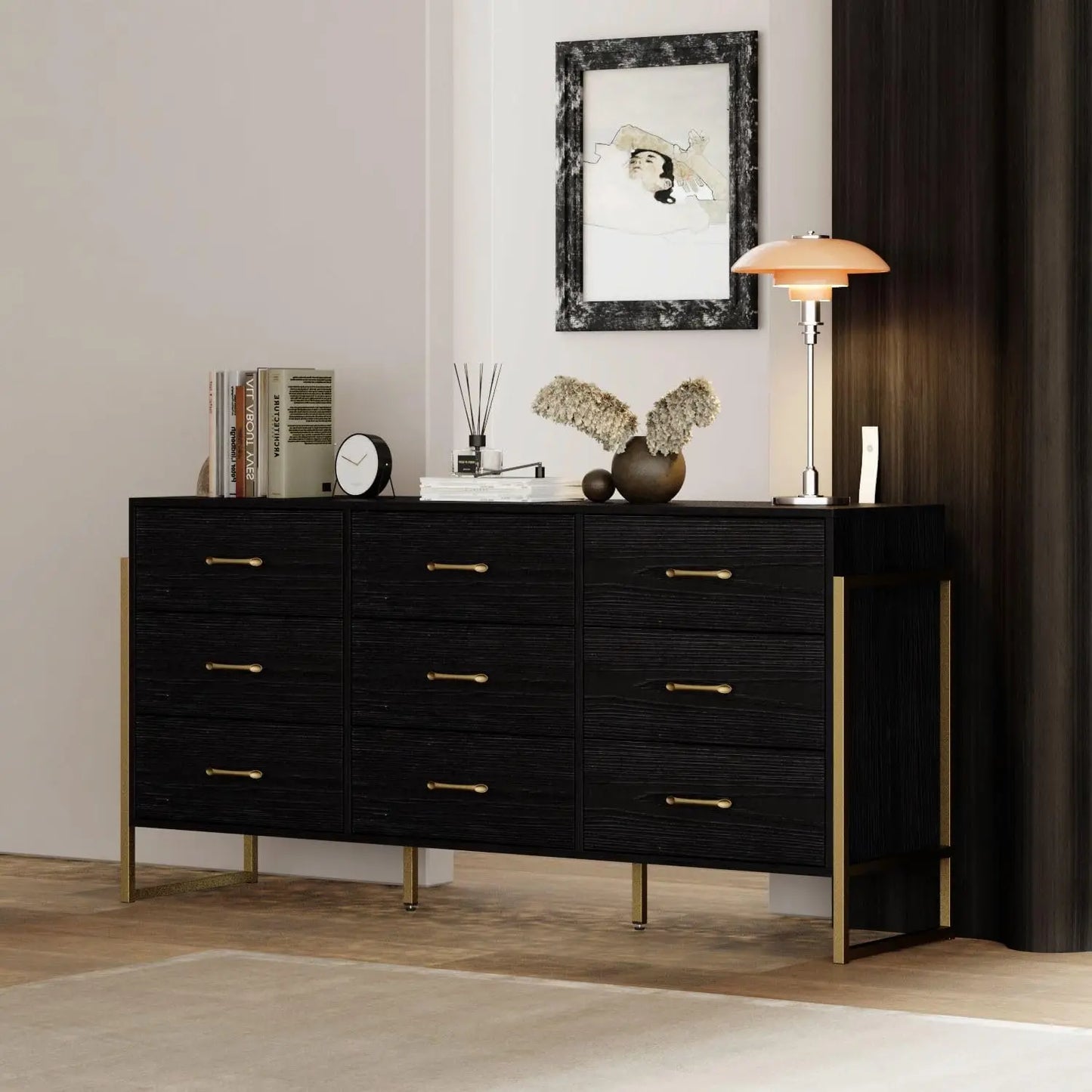 Modern 9 Drawer Black Dresser with Gold Legs – Large Bedroom Storage