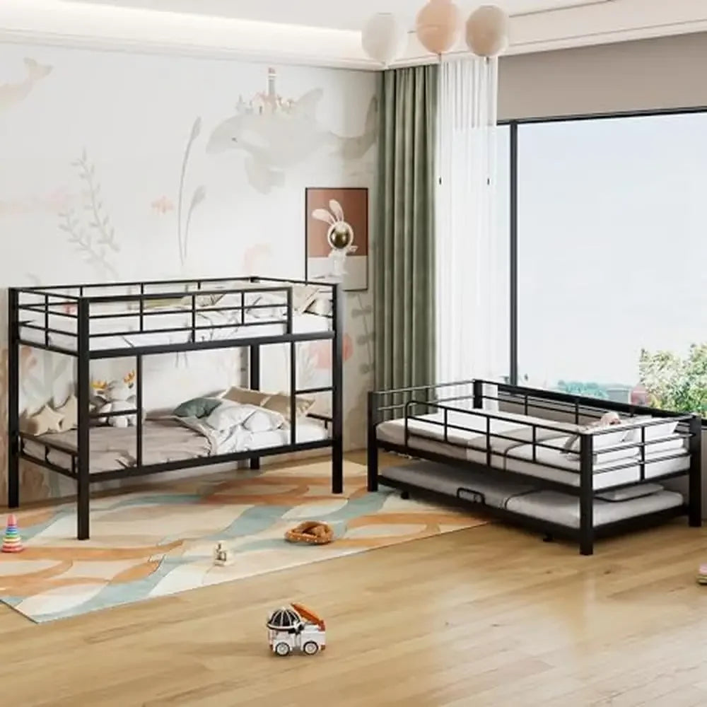 Triple Bunk Bed with Trundle – Metal Twin/Twin/Twin Frame with Ladders & Safety Rails
