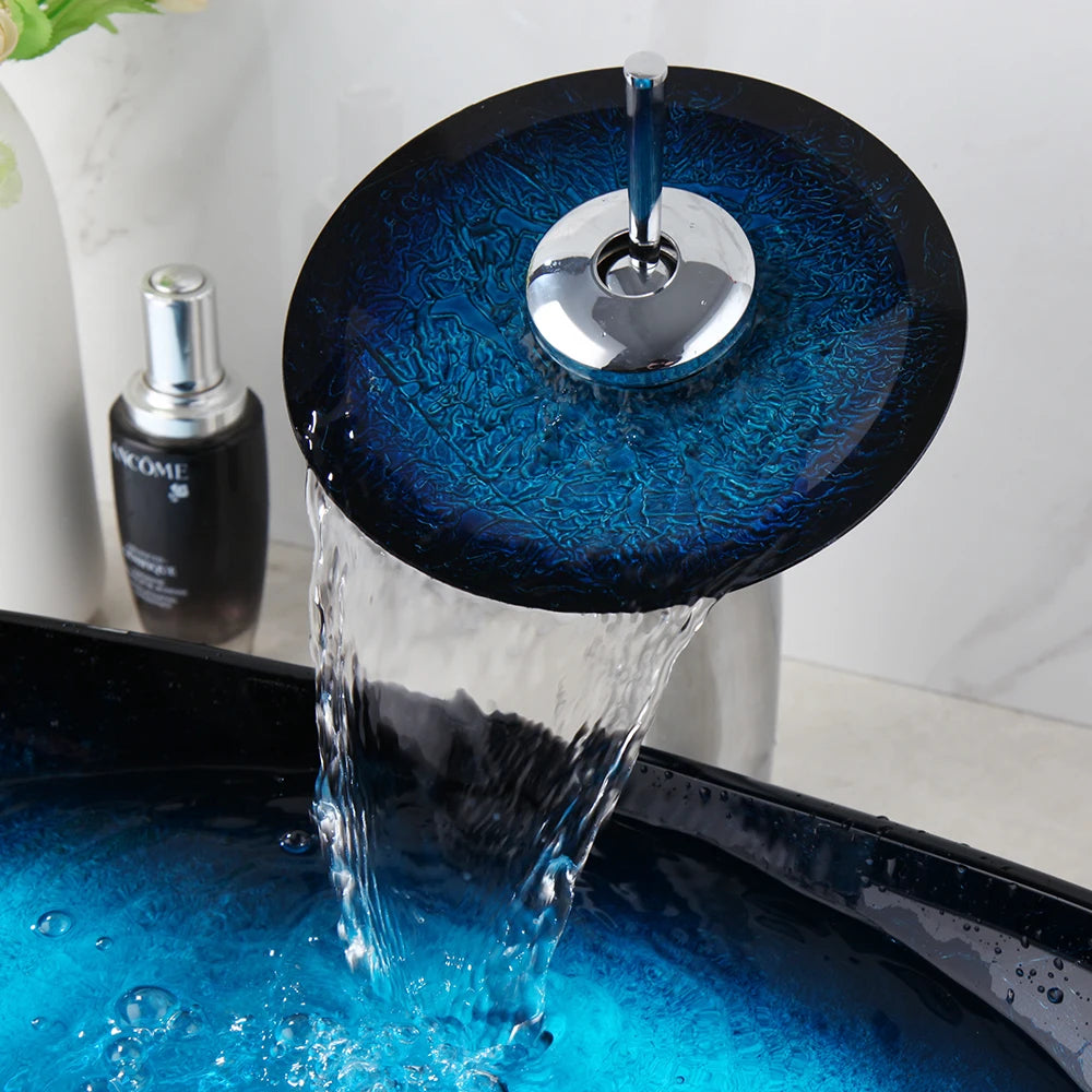 ZAPPO Blue Tempered Glass Vessel Sink – Oval Above-Counter Basin with Black Waterfall Faucet